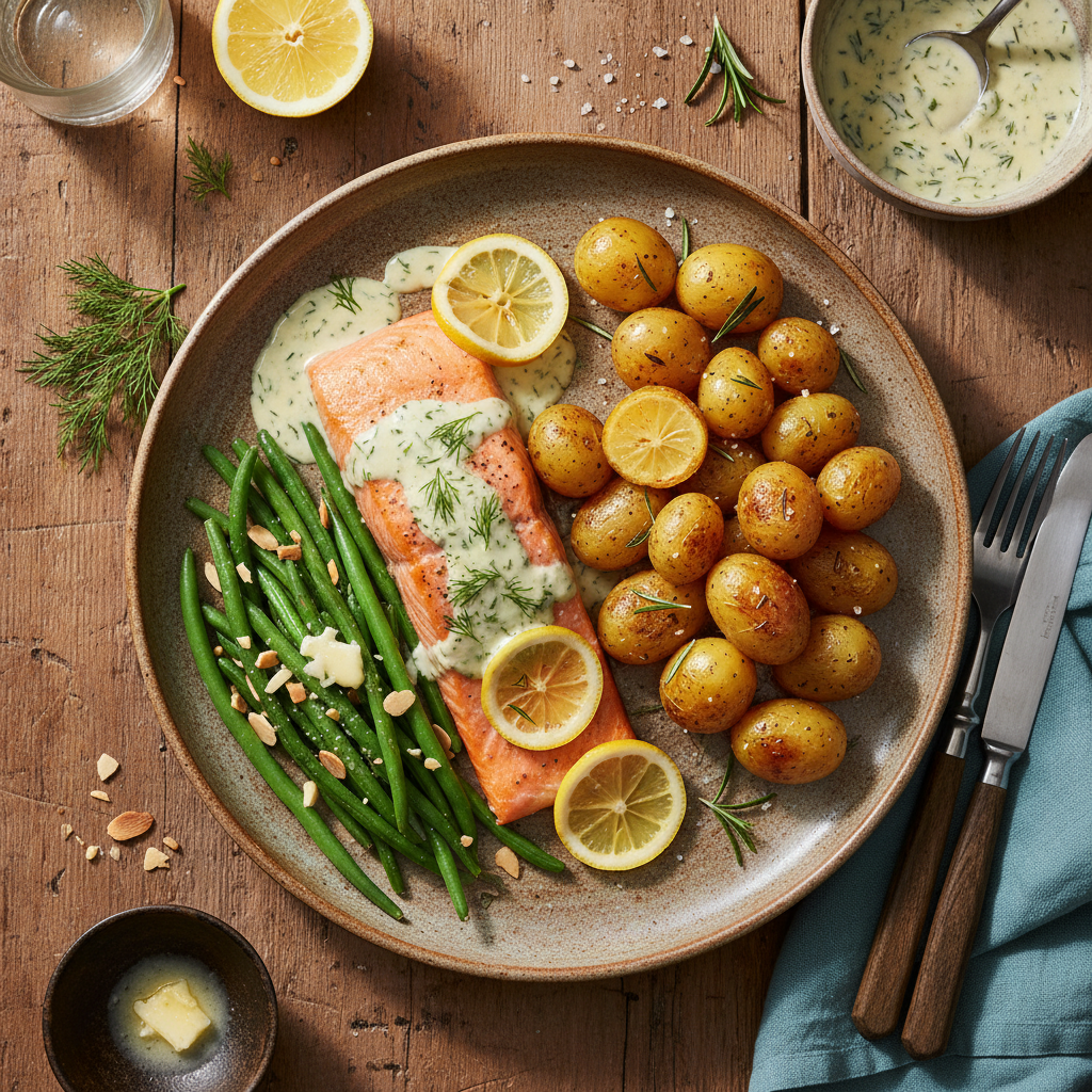 Ugnsbakad Lax med Dill- och Citronsås, Ugnsrostad Potatis och Haricots Verts