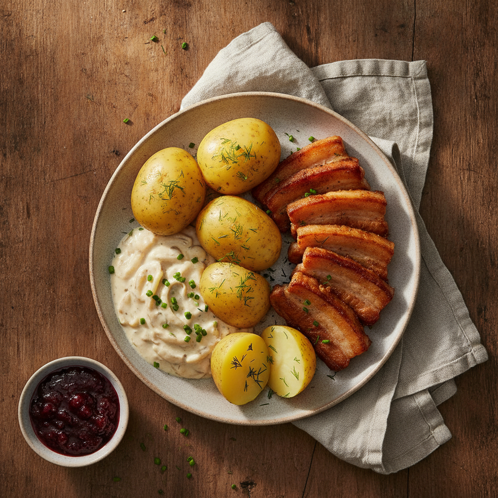 Stekt fläsk med löksås och kokt potatis