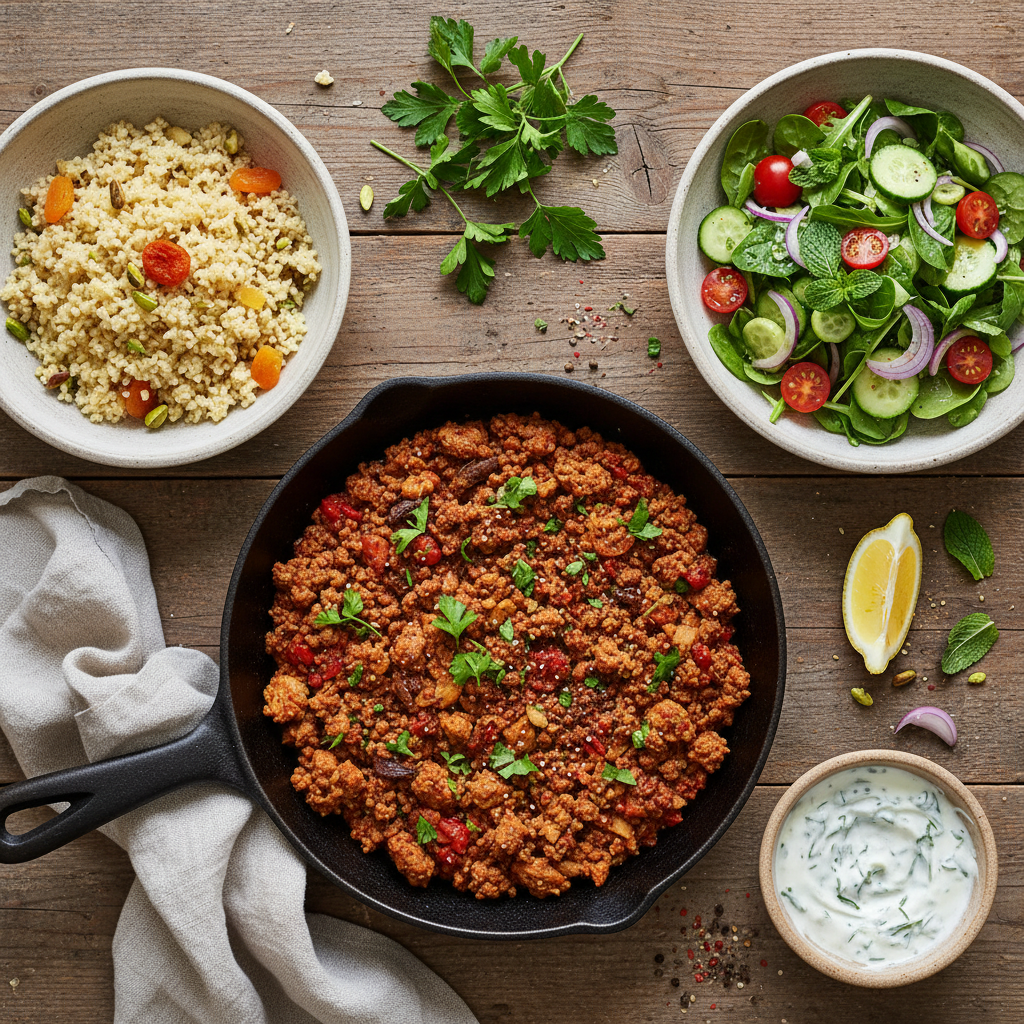 Mellanösterninspirerad Kalkonfärspanna med Bulgur och Fräsch Sallad