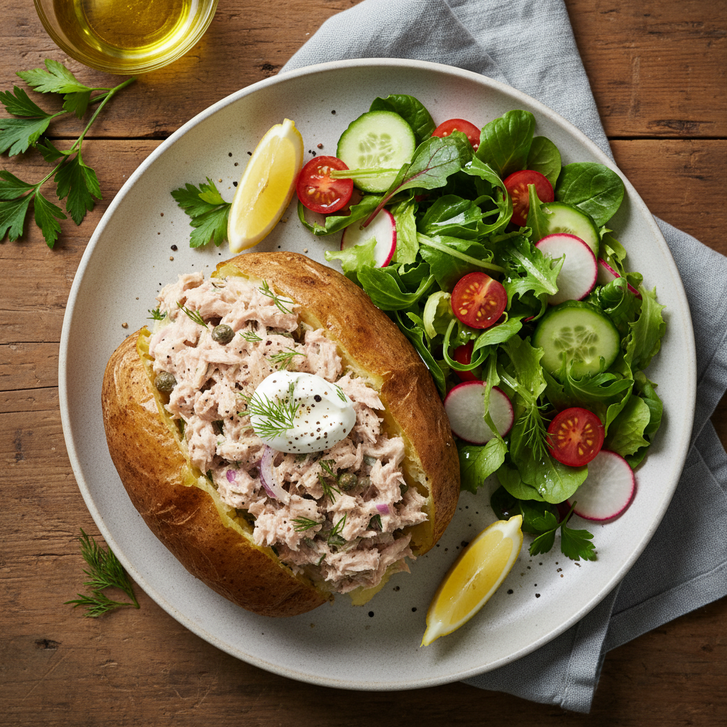 Bakpotatis med Krämig Tonfiskröra och Fräsch Sallad