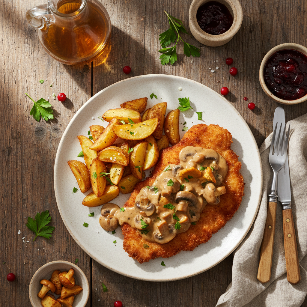 Jägerschnitzel med krämig svampsås och stekt potatis