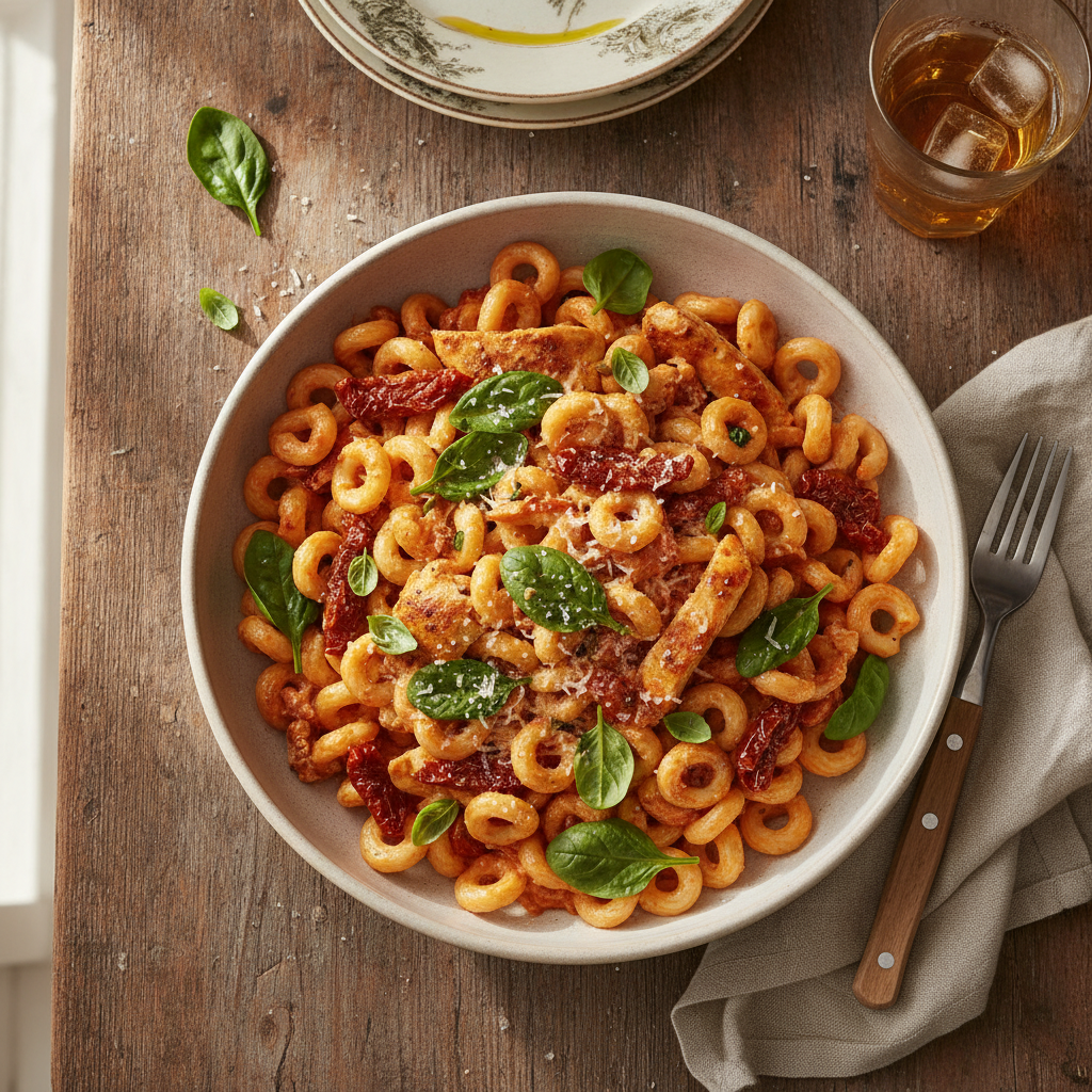 Krämig Kycklingpasta med Soltorkade Tomater och Spenat