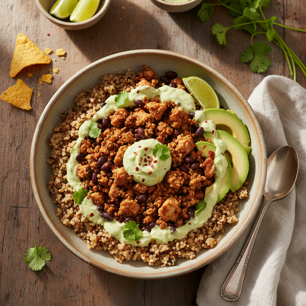Mexikansk Kalkonfärsbowl med Quinoa och Avokado-Limekräm