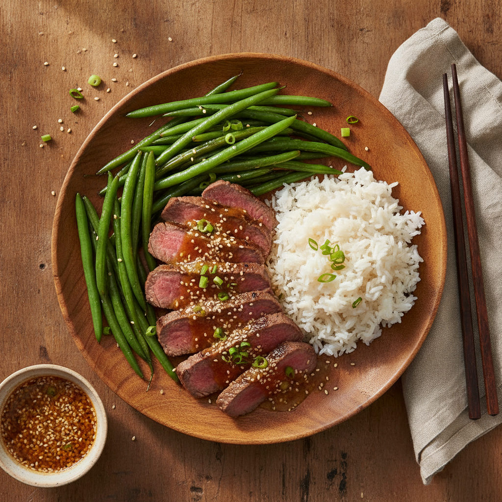 Japansk Biff med Sesamsås, Haricot Verts och Ris