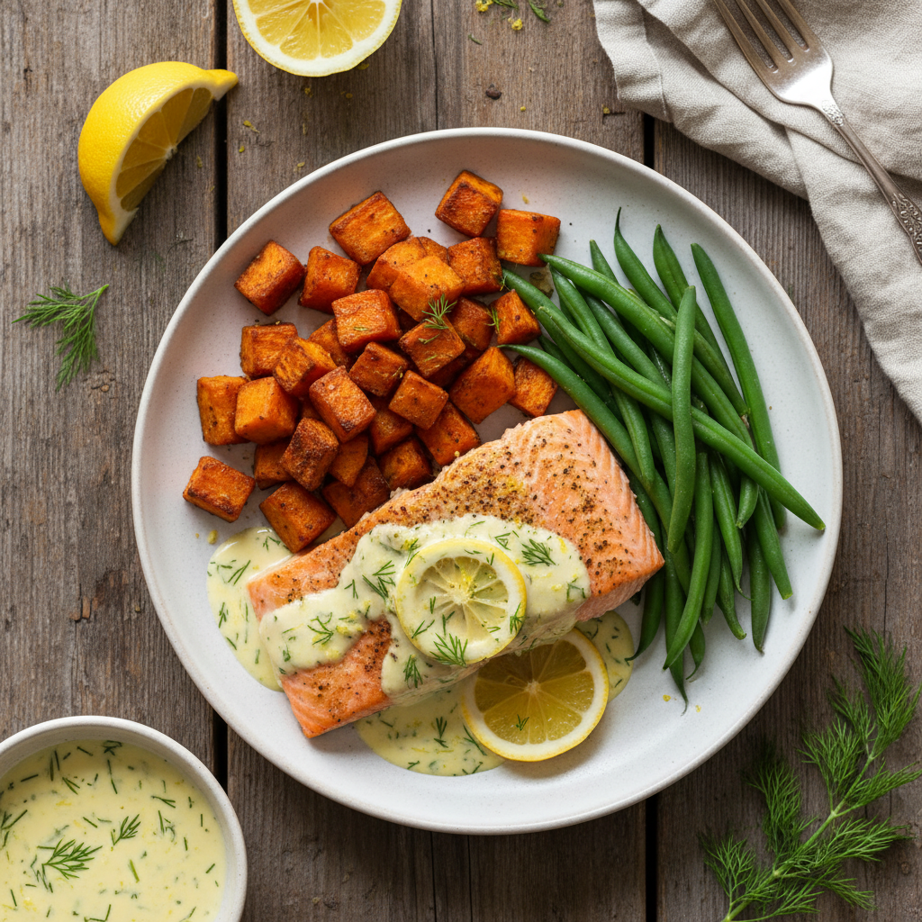 Svensk ugnsbakad lax med citron- och dillsås, rostad sötpotatis och haricots verts