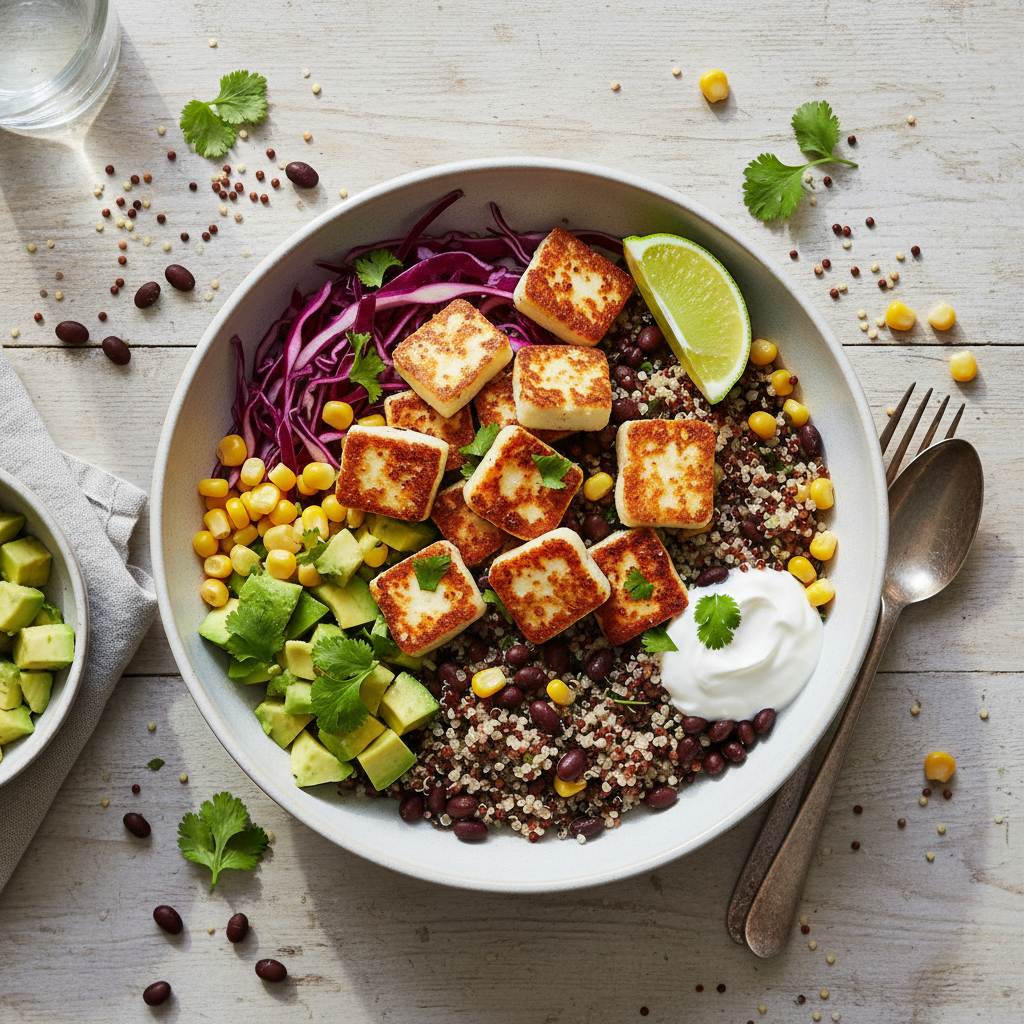 Mexikansk Halloumiskål med Quinoa och Svarta Bönor
