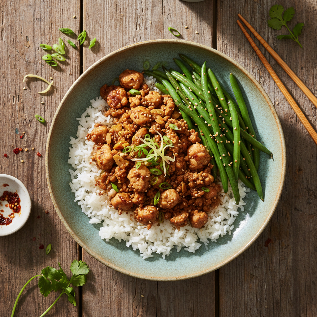 Japansk Kycklingfärsbowl med Ingefära och Haricots Verts