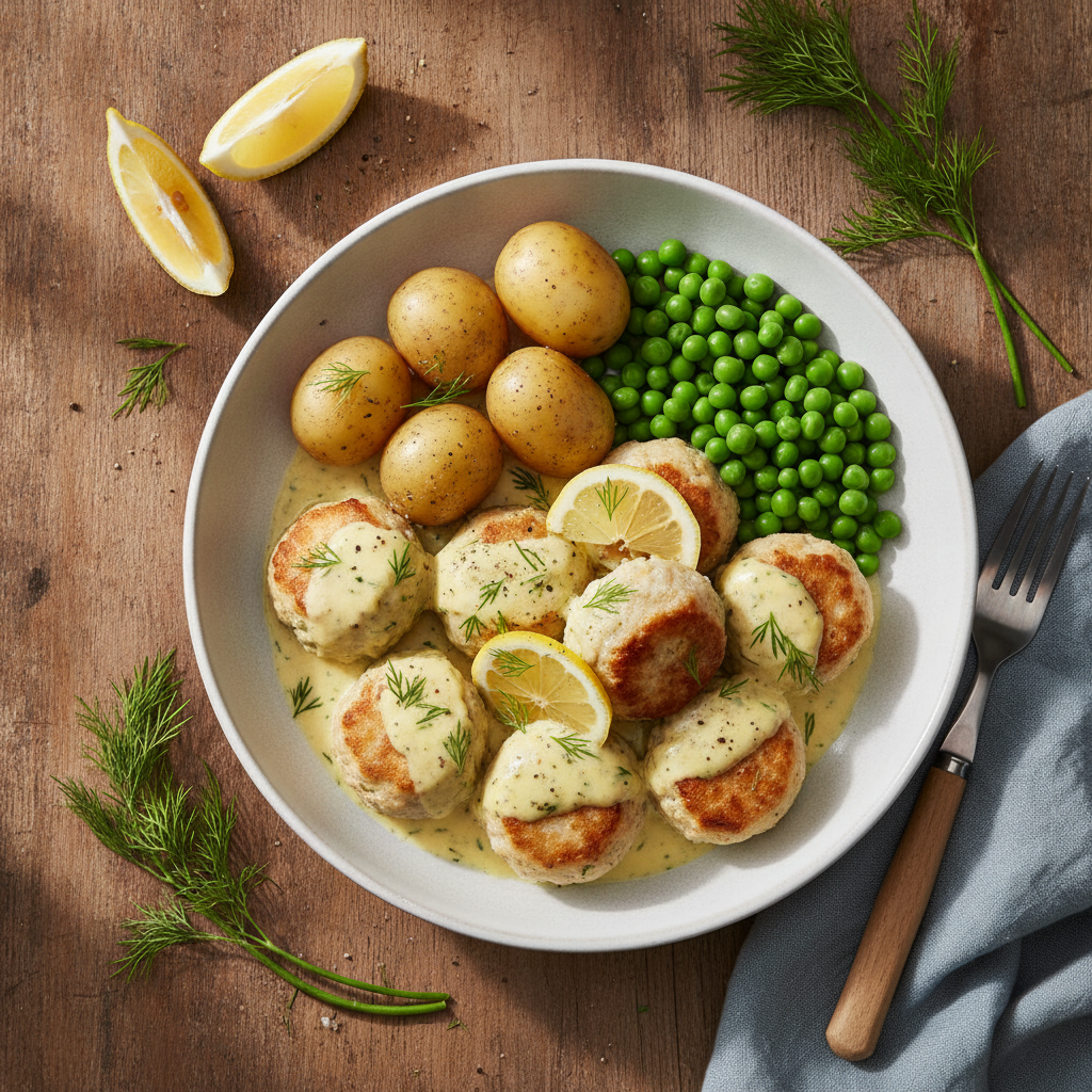 Hemgjorda Fiskbullar med Dill- och Citronsås, Kokt Potatis och Gröna Ärter