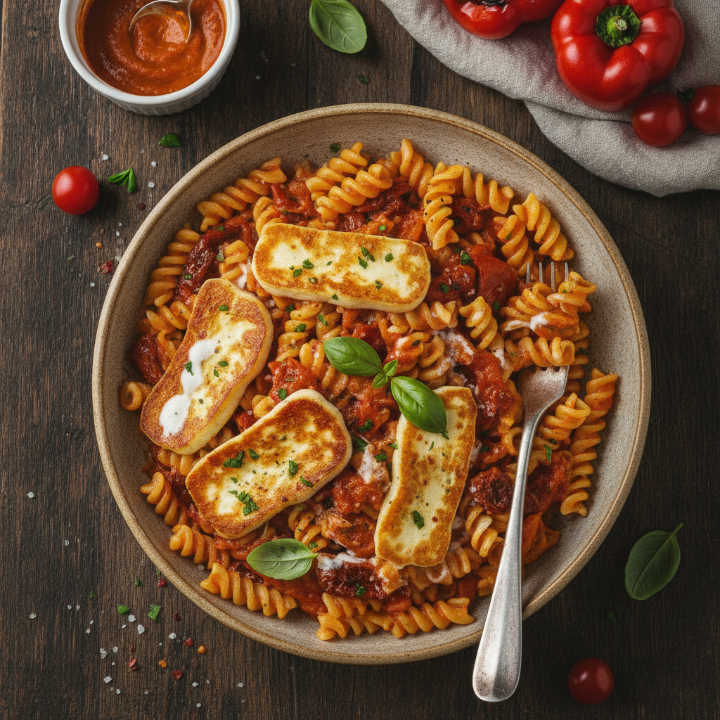 Pasta med Stekt Halloumi och Krämig Paprikasås