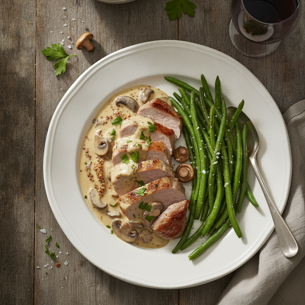 Fläskfilé med krämig champinjonsås och haricots verts