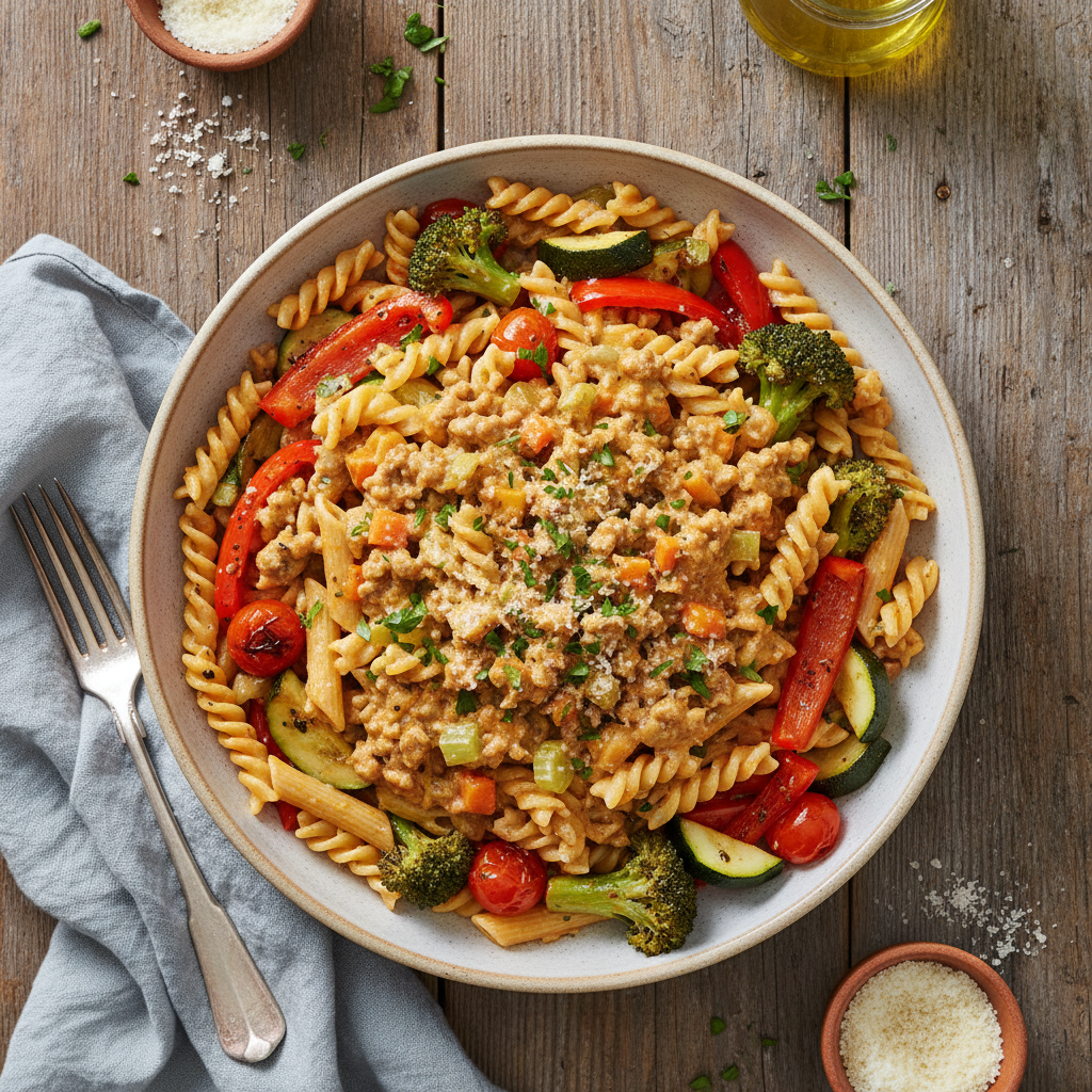 Krämig Kalkonfärssås med Fullkornspasta och Rostade Grönsaker