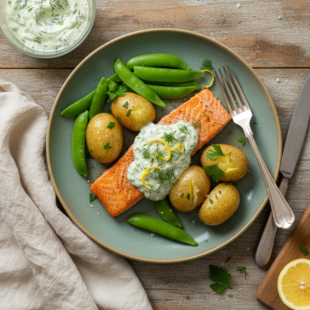 Snabb Lax med Dill- och Citronkräm, Potatis och Sockerärtor