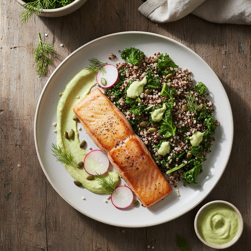 Lax med Quinoa, Grönkål och Avokadodressing