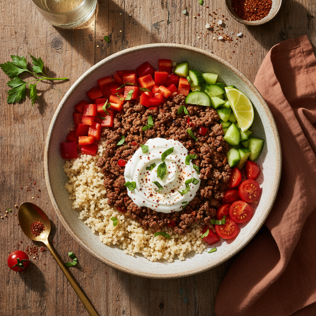 Kryddig Nötfärs- och Quinoaskål med Fräsch Yoghurtsås