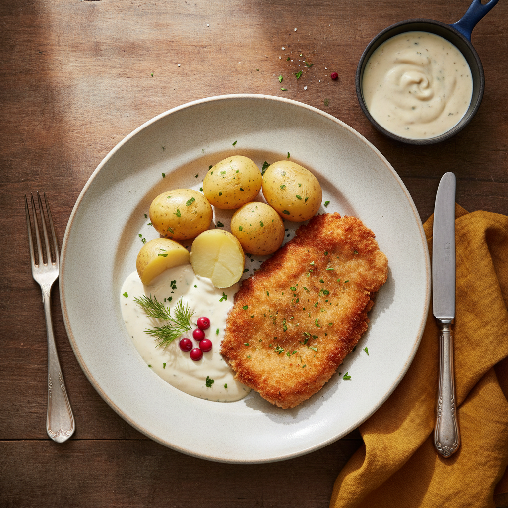 Panerad Fläskschnitzel med Gräddsås och Kokt Potatis
