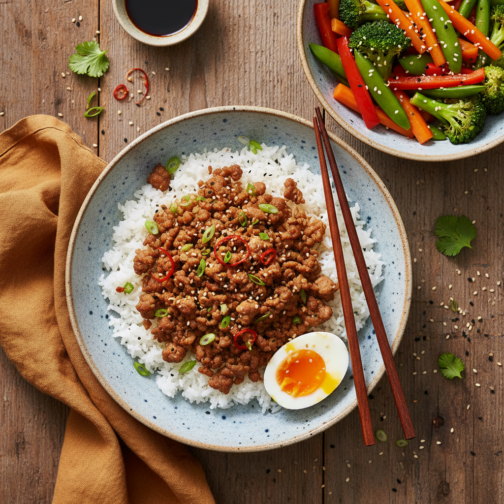 Japansk Fläskfärs Soboro med Ris och Krispiga Grönsaker