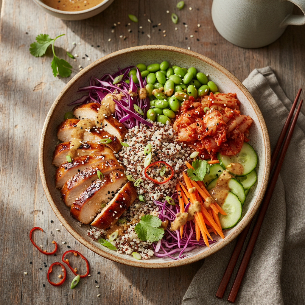 Koreanskinspirerad Quinoaskål med Kyckling och Kimchi