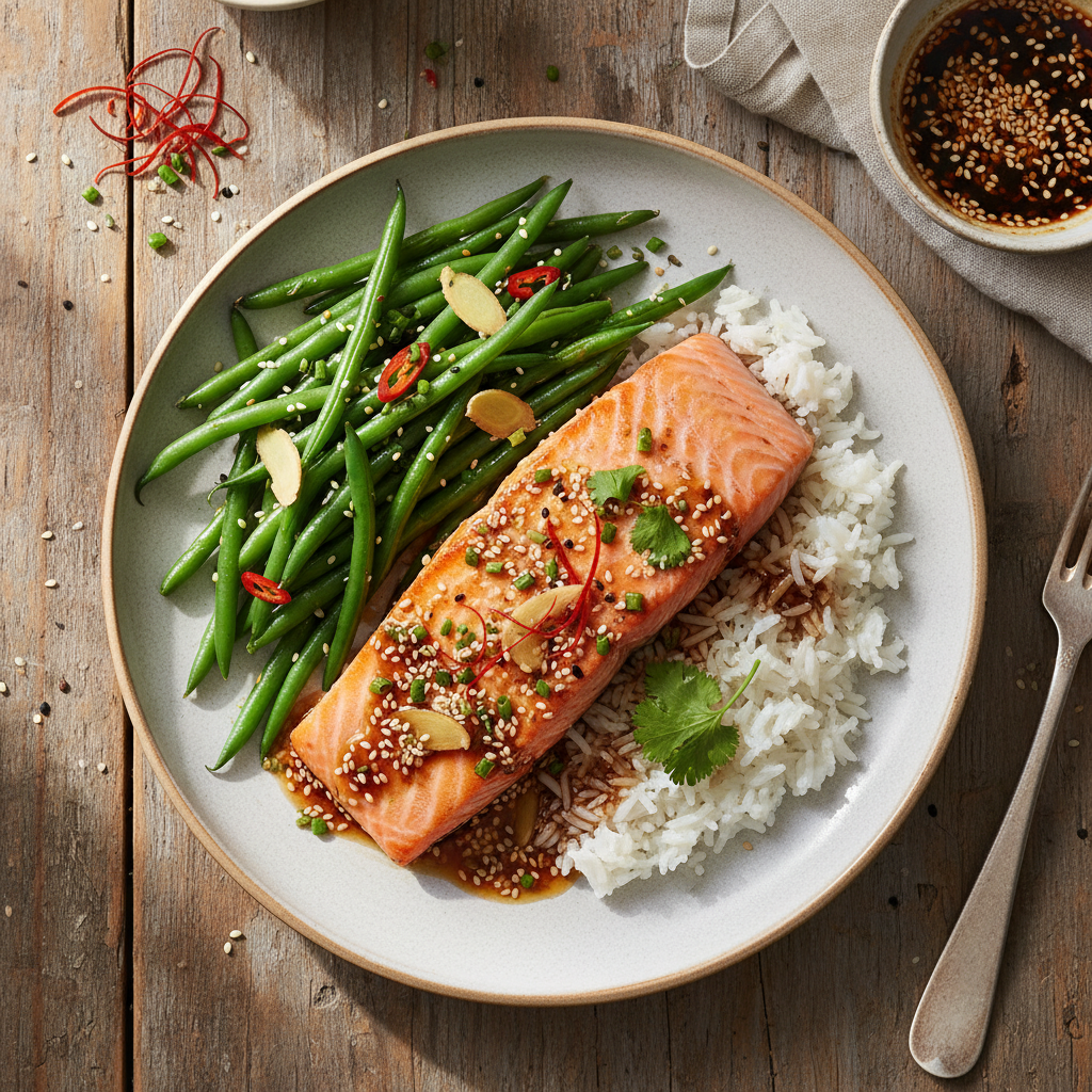 Lax med Sesam- och Ingefärsdressing och Haricots Verts