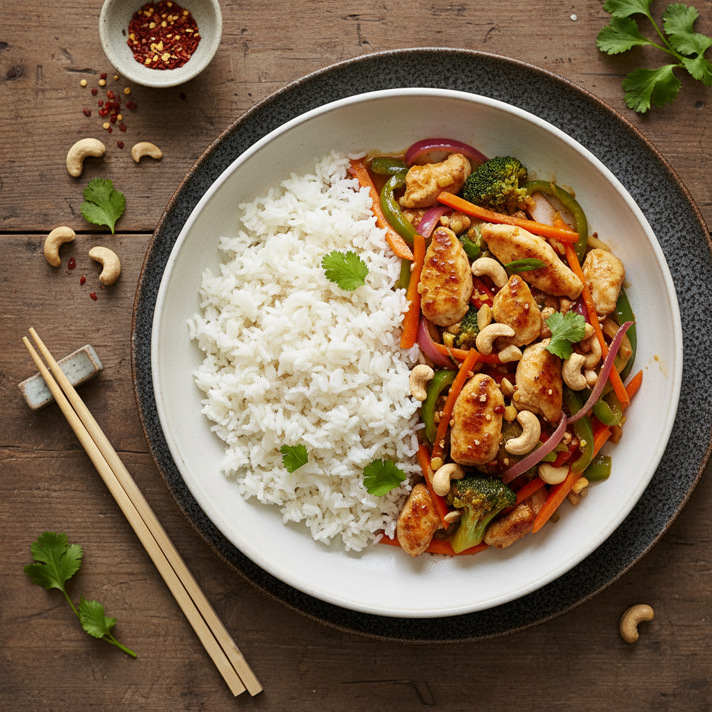 Kycklingwok med Cashewnötter och Jasminris