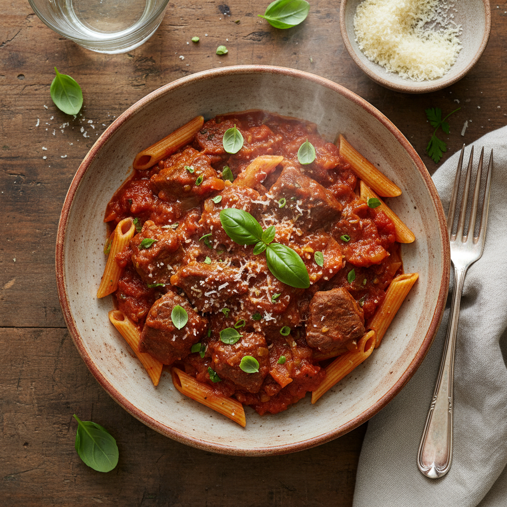 Mustig Italiensk Biffgryta med Penne