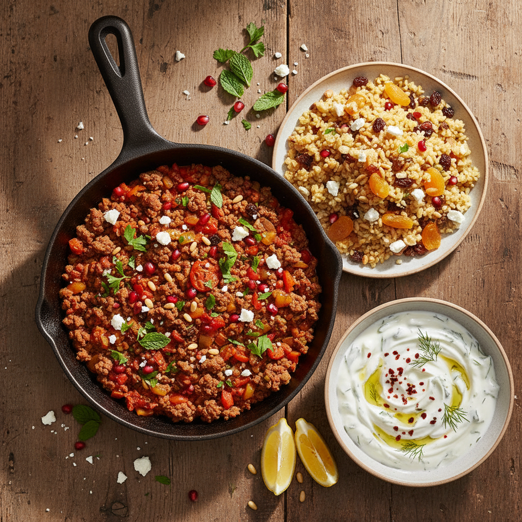 Mellanösterninspirerad Lammfärspanna med Bulgur och Yoghurtdressing