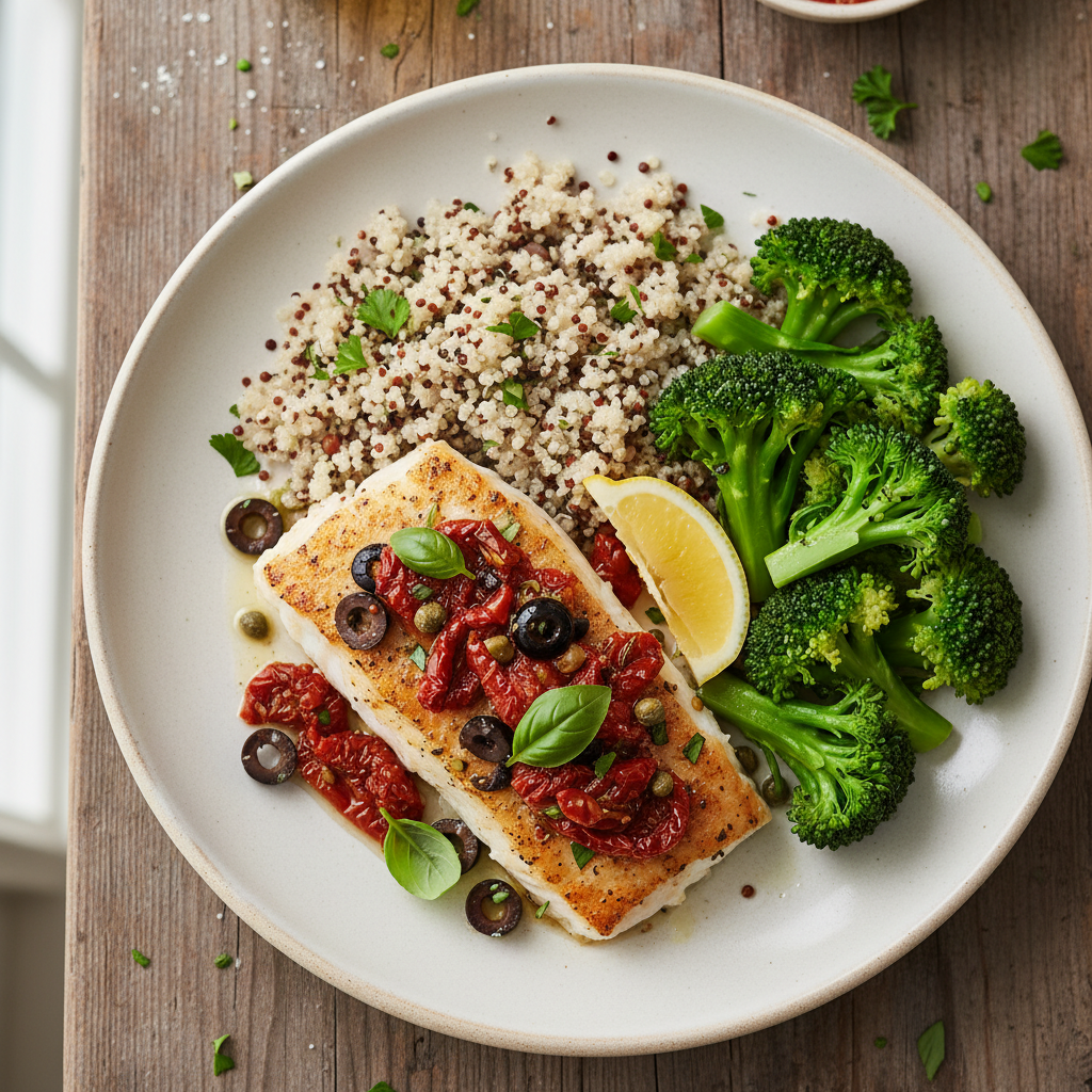 Ugnsbakad Torsk med Medelhavstäcke, Quinoa och Ångad Broccoli