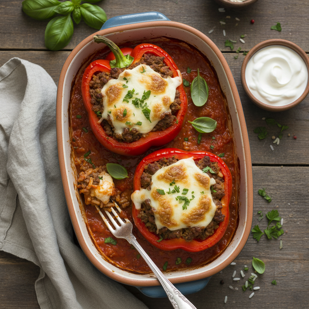 Fylld Paprika med Nötfärs, Ris och Mozzarella i Tomatsås