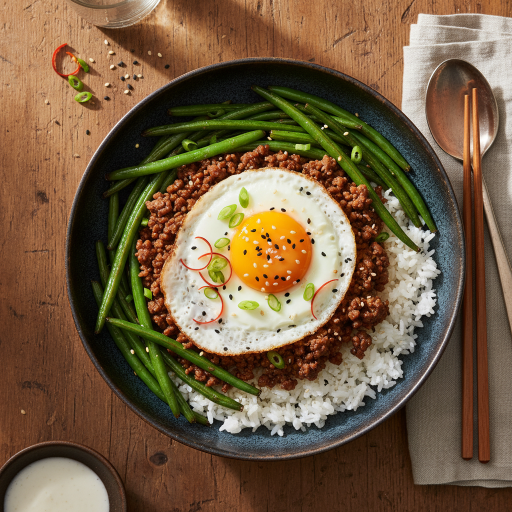Japansk Nötfärsbowl med Ägg och Krispiga Haricots Verts