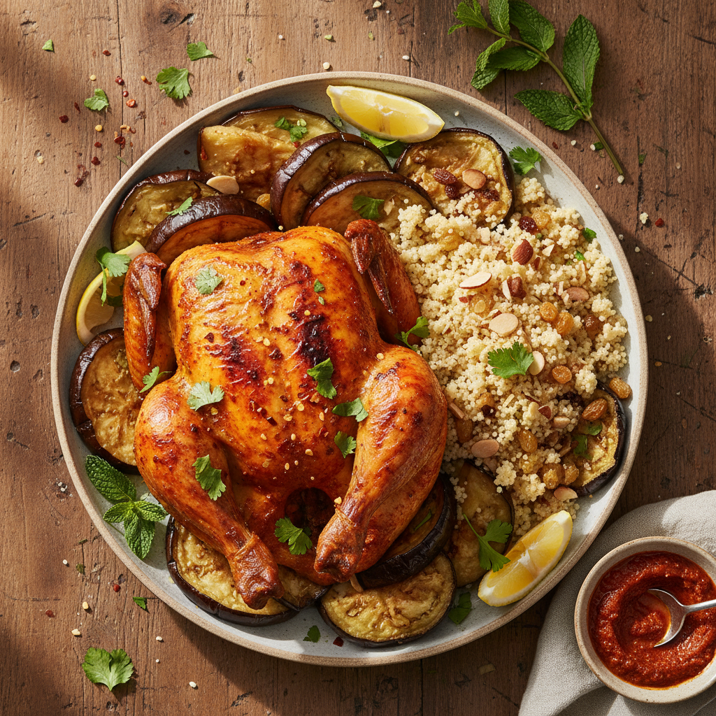 Harissa-kryddad Kyckling med Rostad Aubergine och Couscous