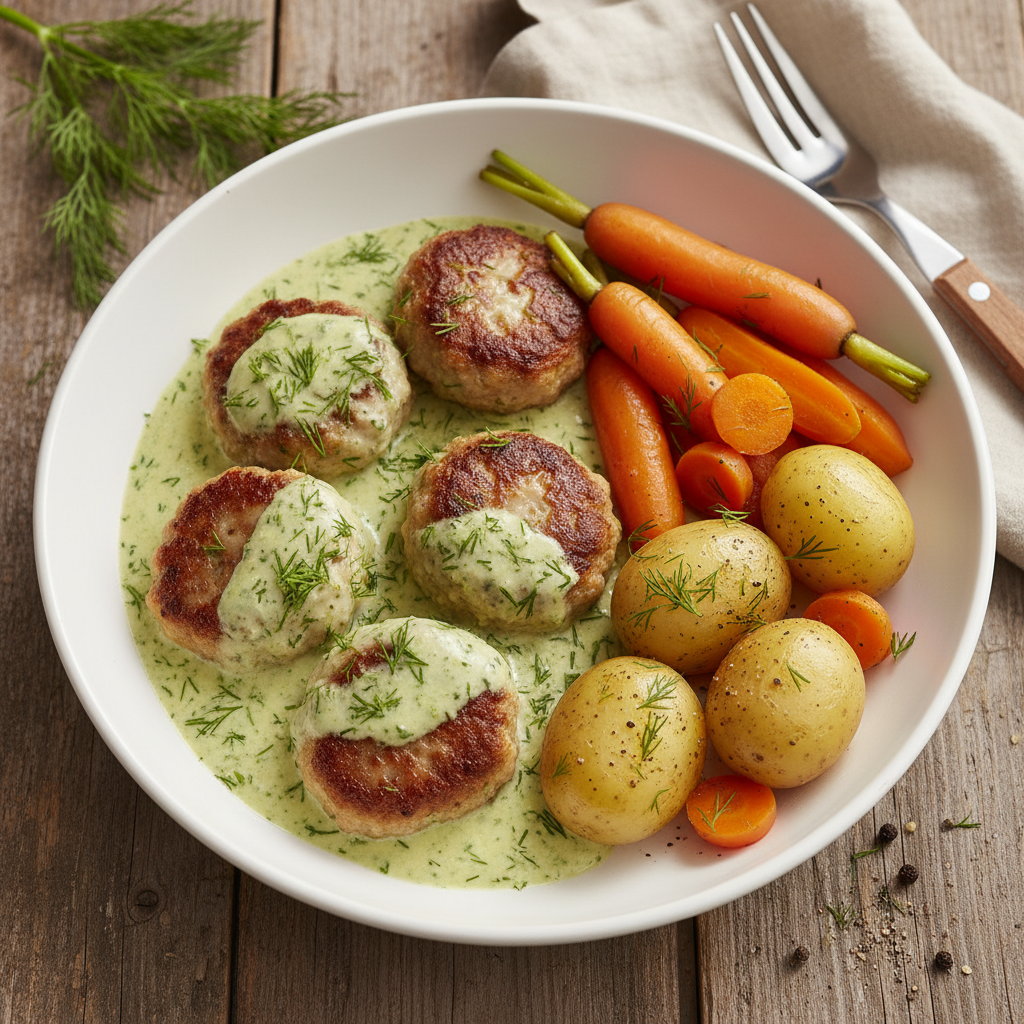 Tyska Frikadeller i Krämig Dillsås med Kokt Potatis och Morötter